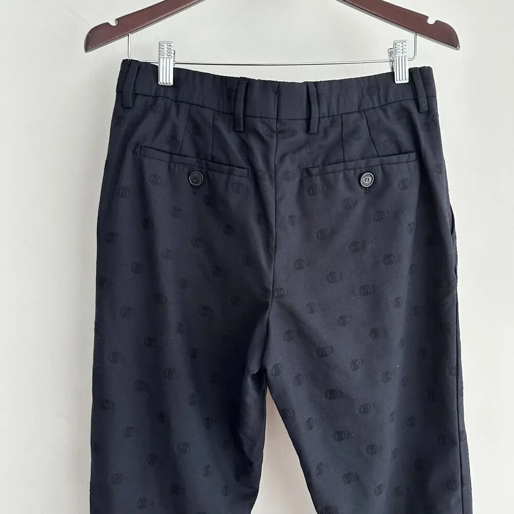 Burberry London Trousers Mens 30 x 28 Wool Monogram Embroidered‎ Jacquard Navy